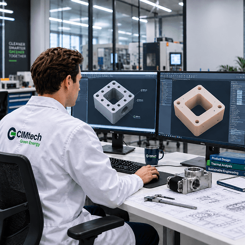 CIMtech Green Energy engineer reviewing 3D CAD models on dual monitors