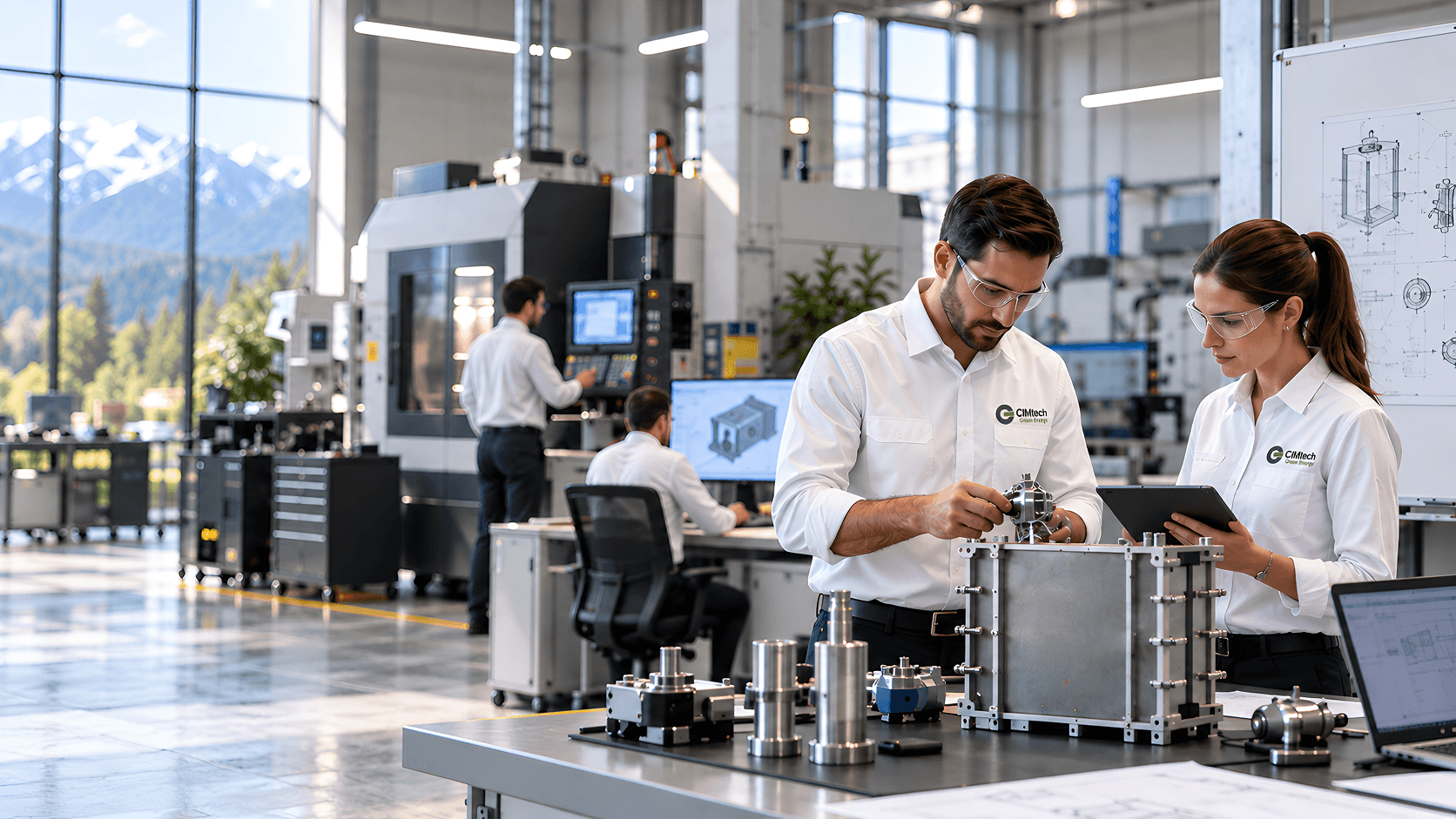 CIMtech Green Energy engineers collaborating on a precision assembly in our advanced manufacturing facility