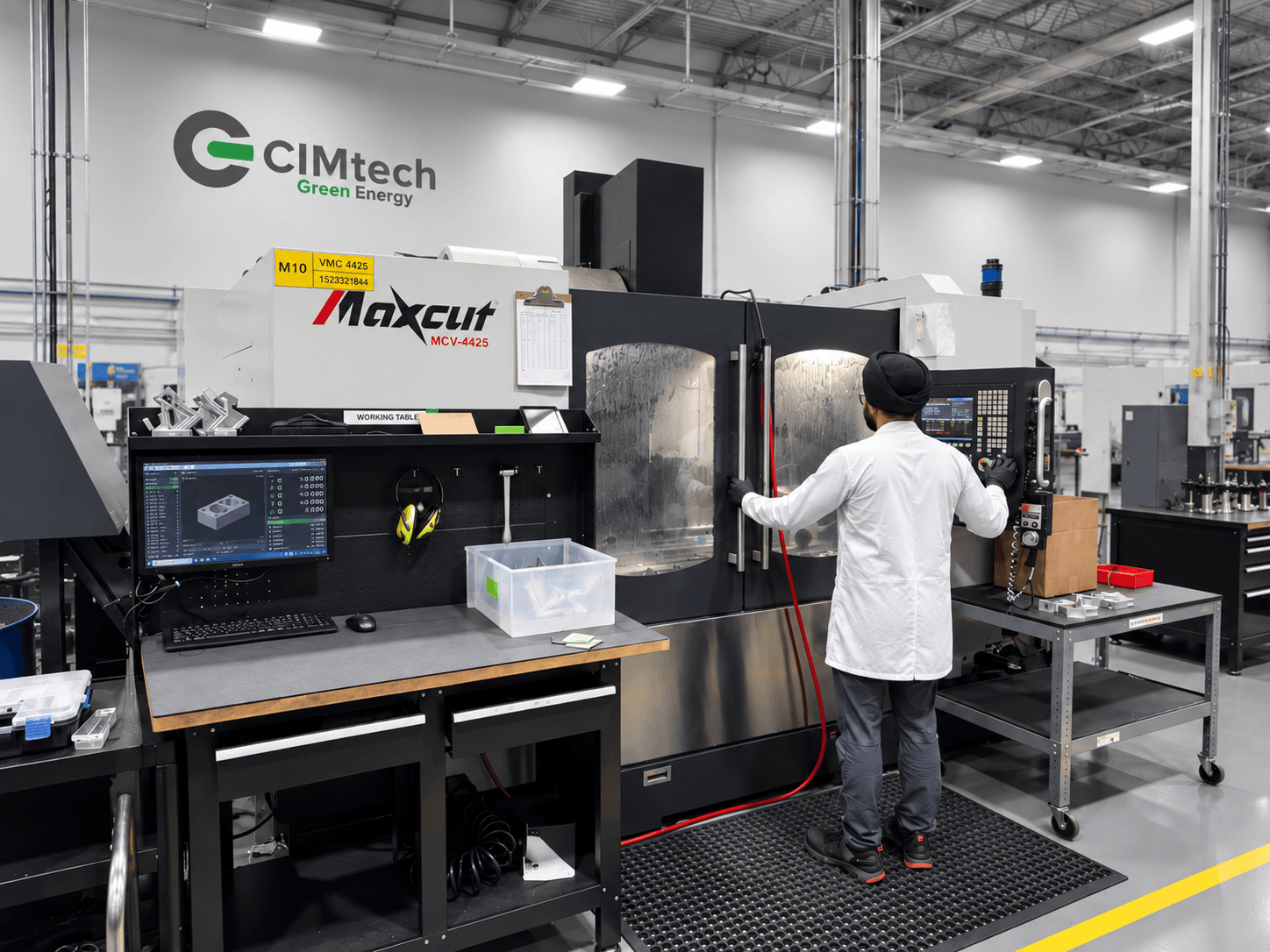 Operator at a Maxcut CNC machine on the CIMtech Green Energy manufacturing floor