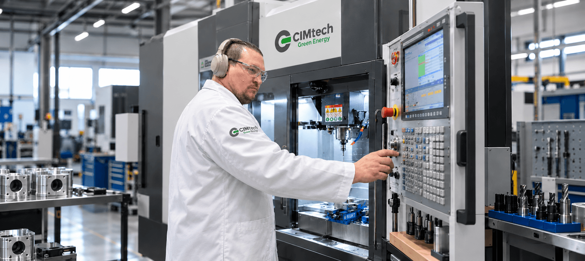 CIMtech Green Energy operator at a CNC milling machine on the manufacturing floor