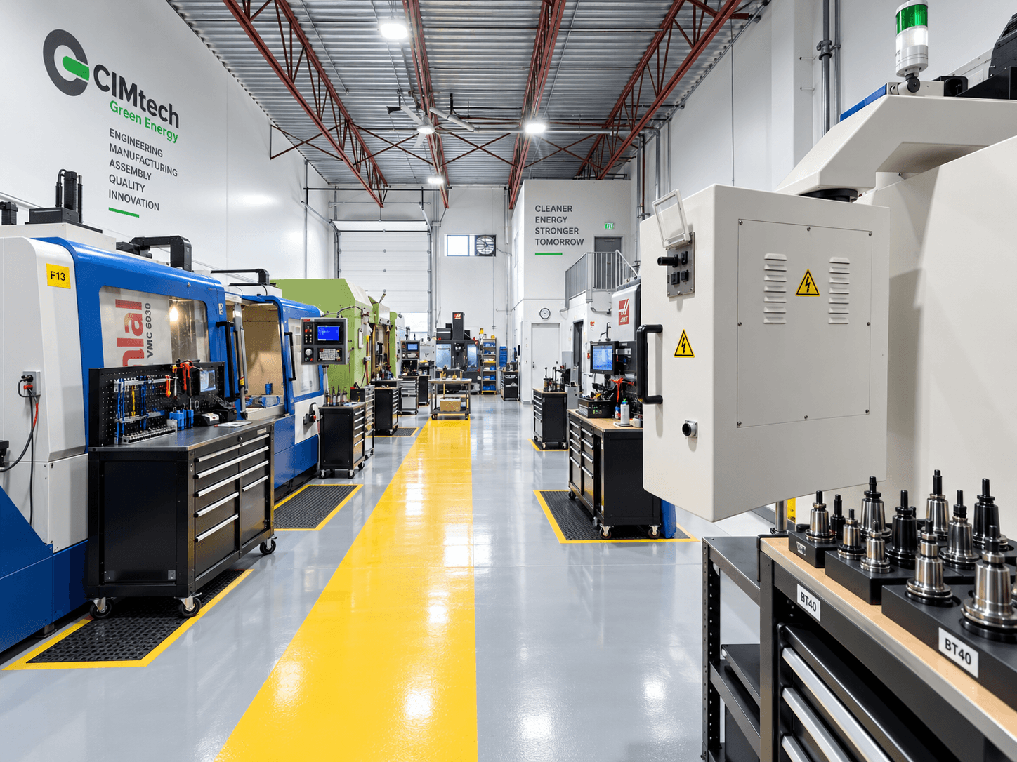 CIMtech Green Energy manufacturing floor with CNC machines and yellow safety lines