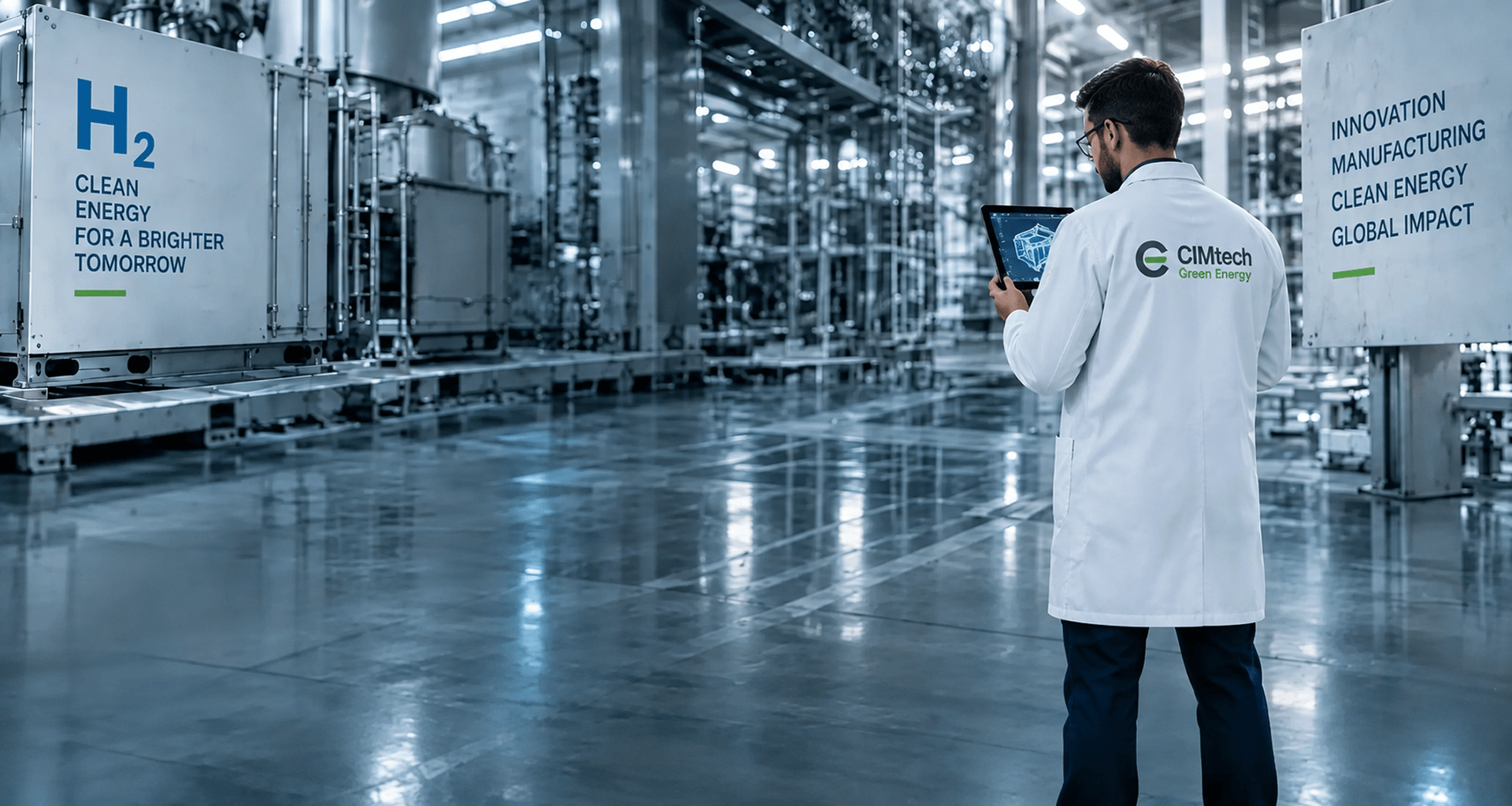 CIMtech Green Energy engineer reviewing hydrogen systems on a tablet in a clean energy facility
