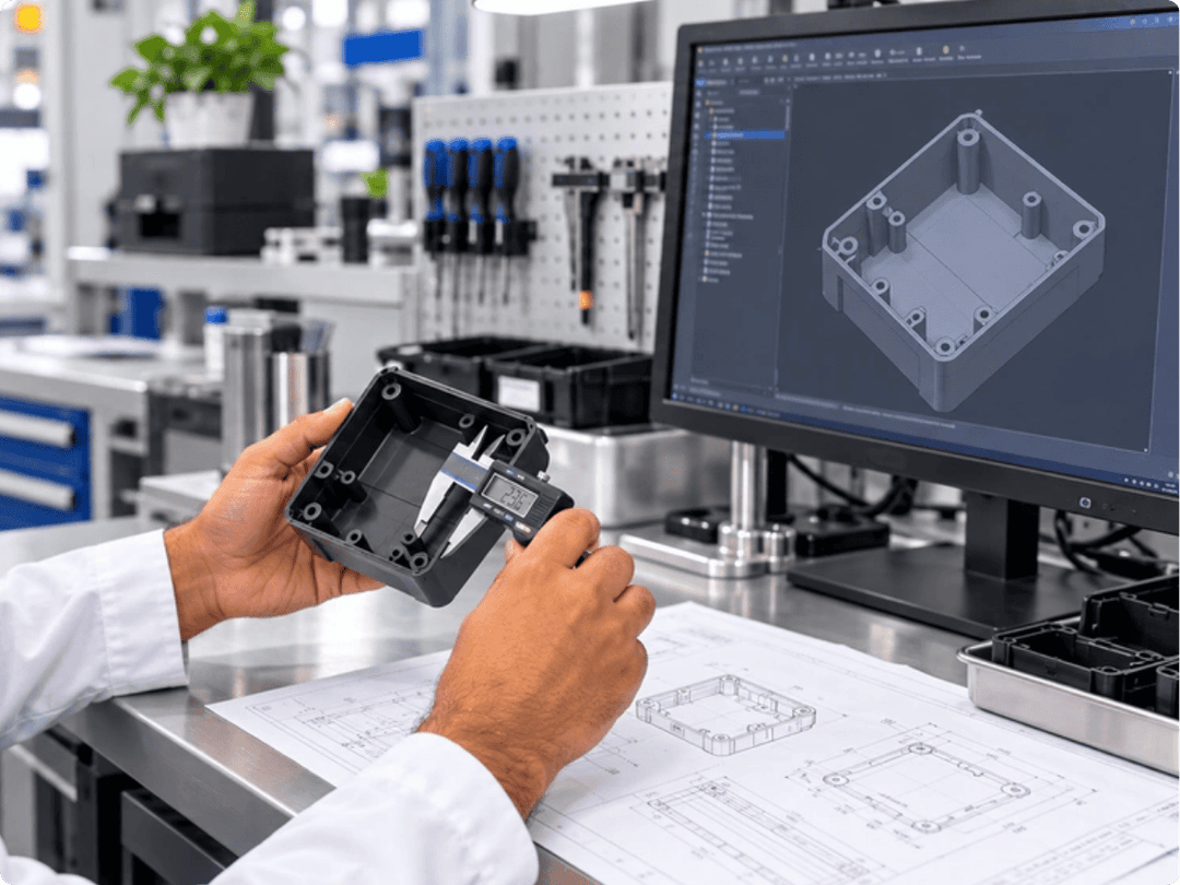 Engineer measuring a precision molded part with digital calipers beside a CAD workstation