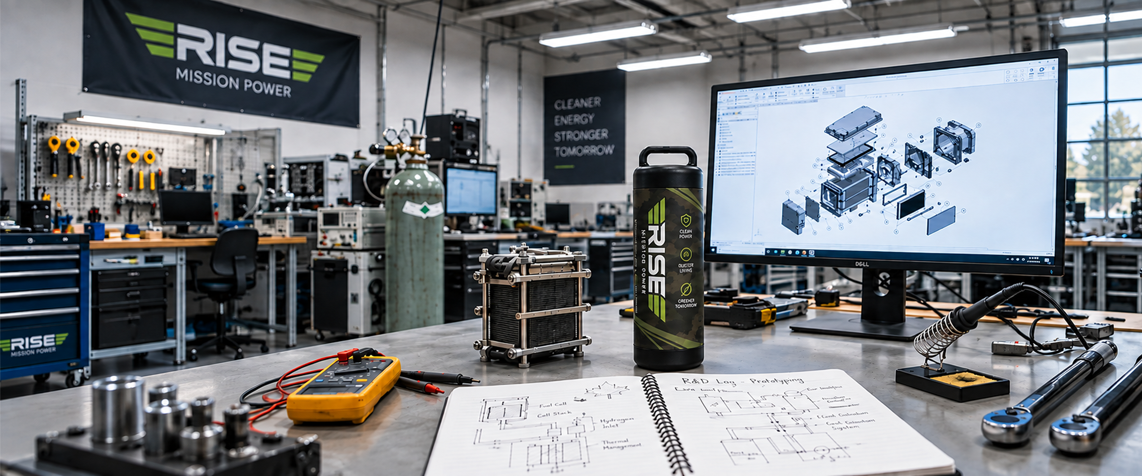 Rise hydrogen R&D lab bench with prototyping tools and CAD workstation