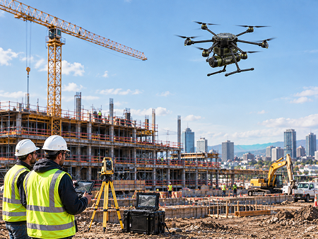 Construction crew operating a survey drone and tablet controls at an active build site