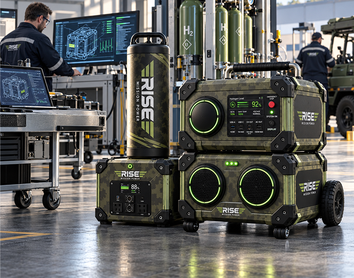 Soldiers operating field electronics powered by Rise Mission Power portable hydrogen units at dusk