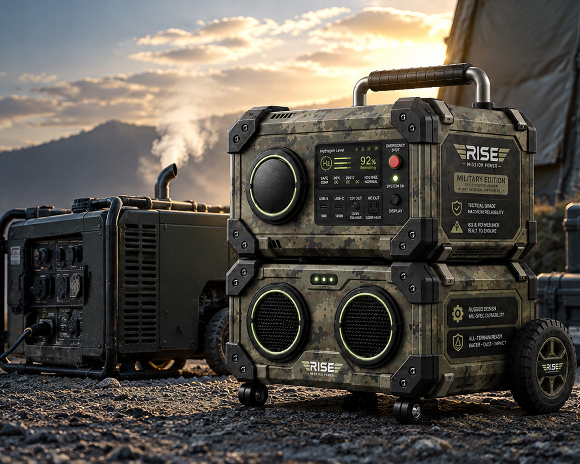 Rise Mission Power portable hydrogen power beside a diesel generator at a remote field site
