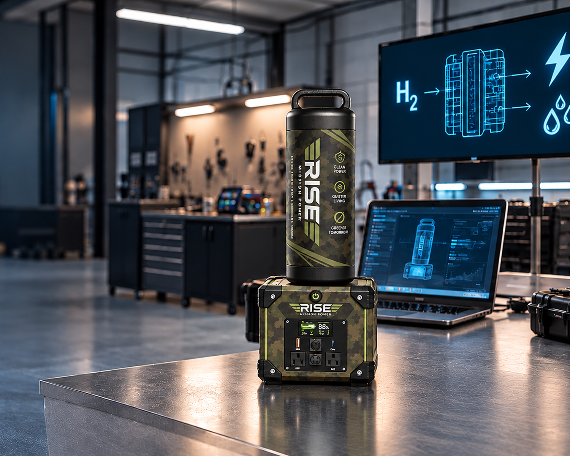 Rise Mission Power portable power units and hydrogen cartridge on a workshop bench