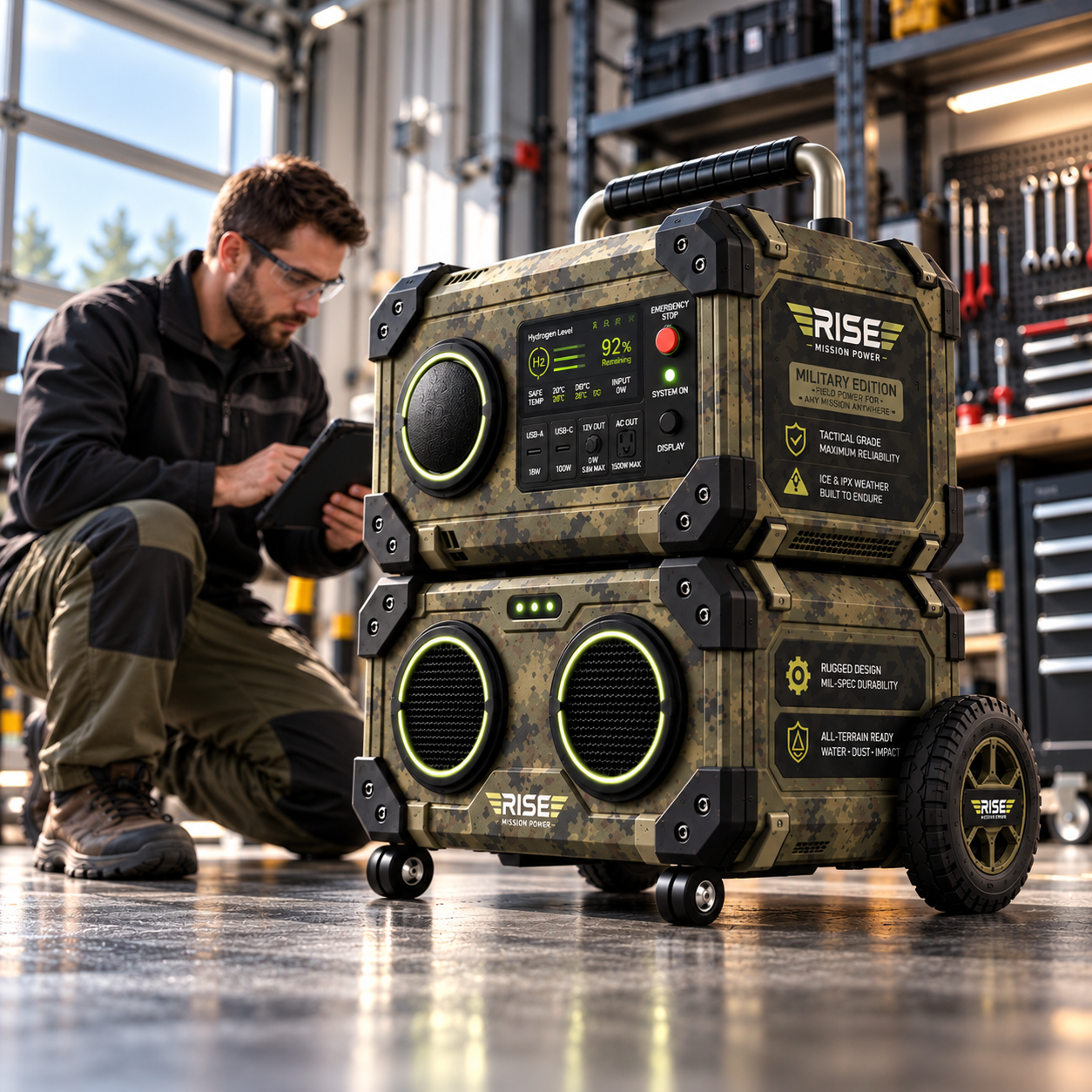 Technician inspecting a rugged Rise power station in a workshop