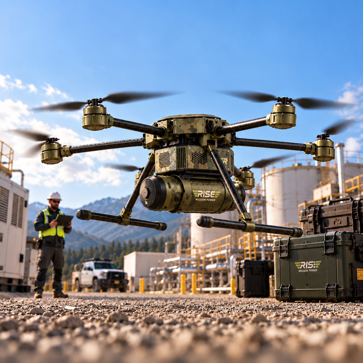 Industrial hexacopter over a mountain facility