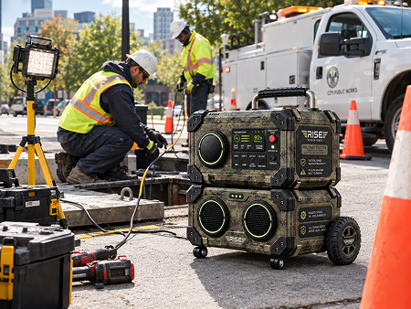 City Public Works crew using stacked Rise Mission Power units at an open street utility vault beside a municipal truck