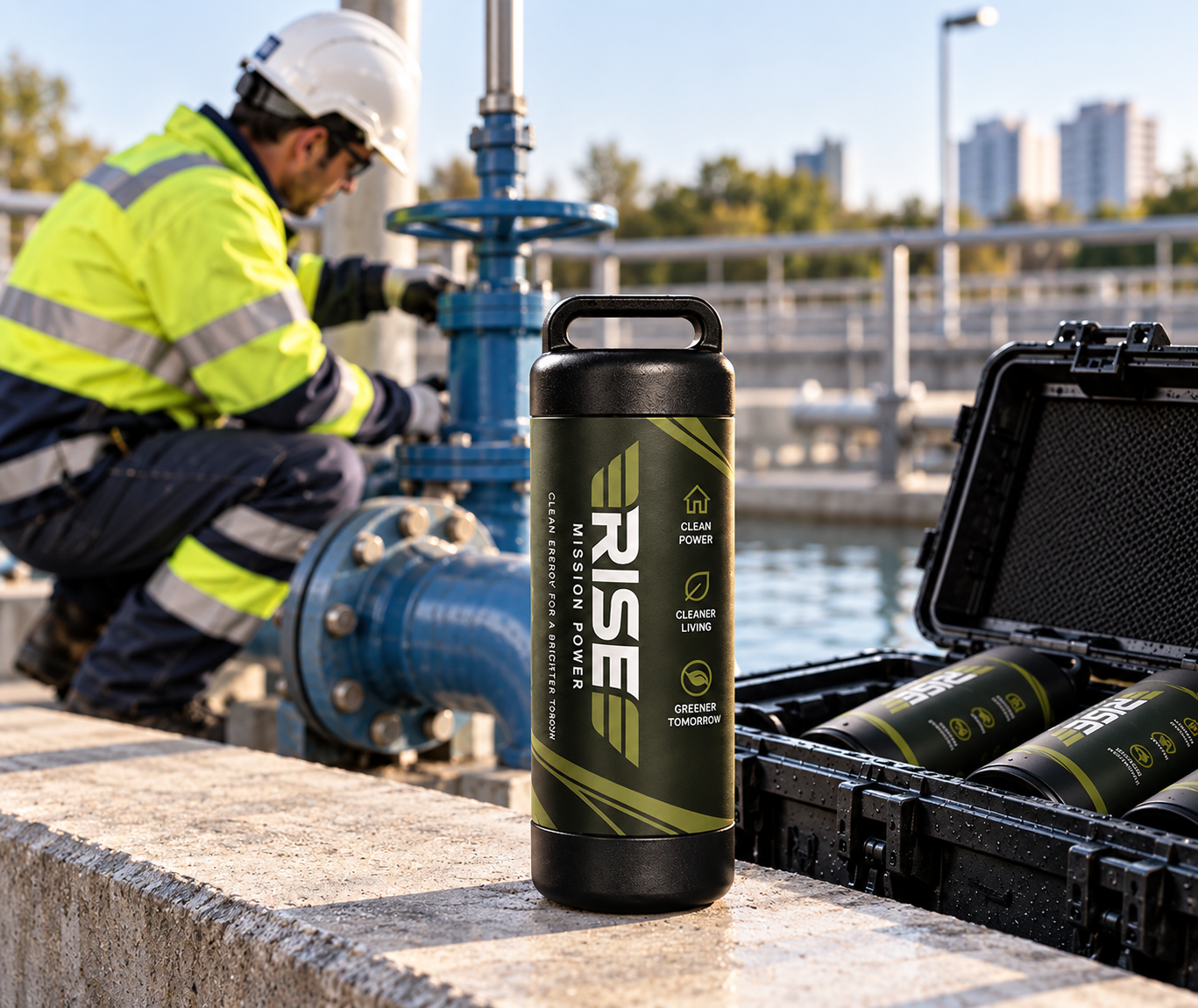 Rise hydrogen cartridge and open hard case on a concrete ledge at an industrial utility site with a technician servicing blue pipes in the background