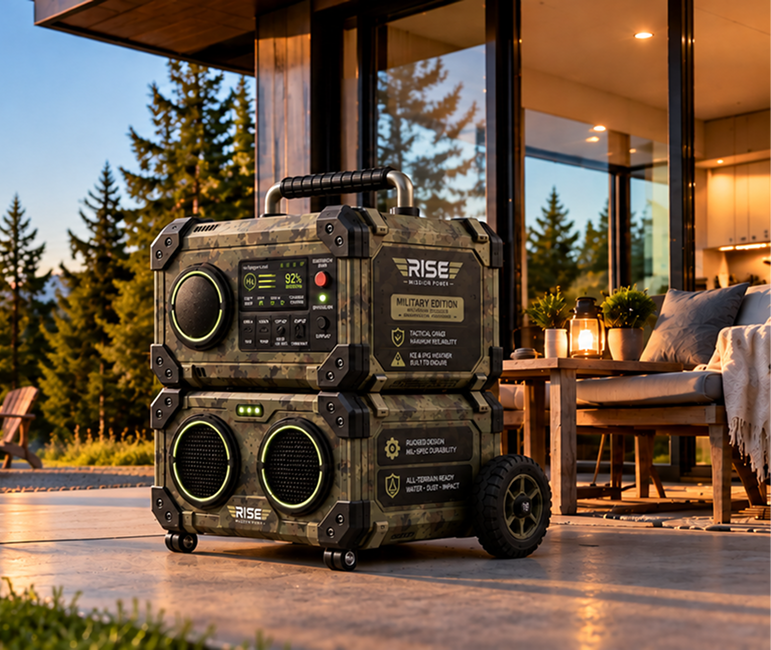 Rise Mission Power portable power system on a stone patio at dusk beside a modern glass home