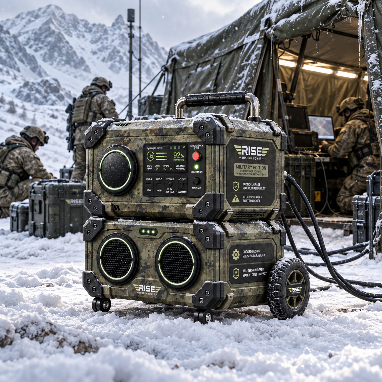 Stacked Military Edition Rise Mission Power units on wheels at a snowy mountain field camp with soldiers and a command tent