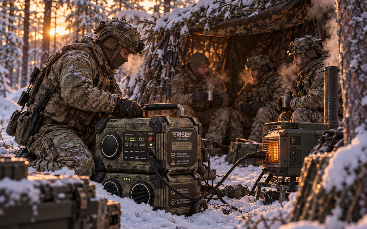Soldier operating Rise Mission Power system in a snowy forest